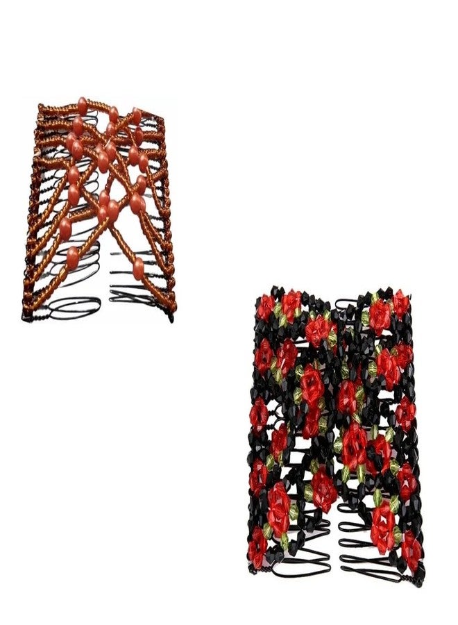 El Regalo 2PC Magic Easy Hair Combs Clips- Fancy Double Stretching Combs Clip Thick & Thin Hair Multistyling Hair Accessory For Women & Girls (Brown & Red) - Image 1