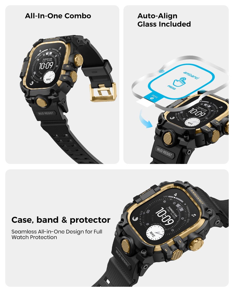 amBand Rugged Case with Band for Apple Watch Ultra 3/2/1 49mm, M3 Military Grade Shockproof Cover, Includes Screen Protector Kit, Tactical Band for Men - Compatible with iWatch Ultra, Black Gold - Image 4