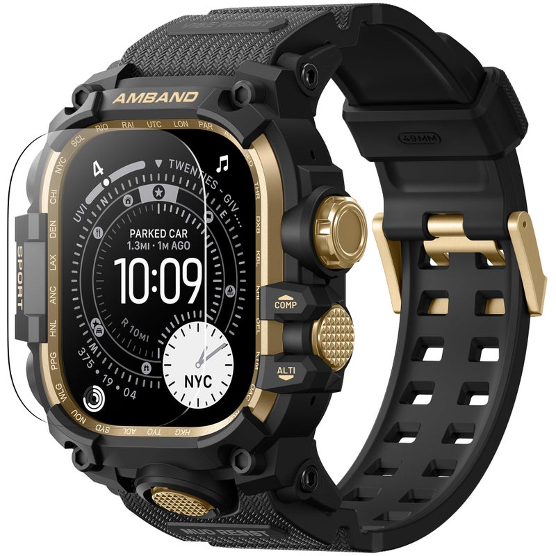amBand Rugged Case with Band for Apple Watch Ultra 3/2/1 49mm, M3 Military Grade Shockproof Cover, Includes Screen Protector Kit, Tactical Band for Men - Compatible with iWatch Ultra, Black Gold - Image 1