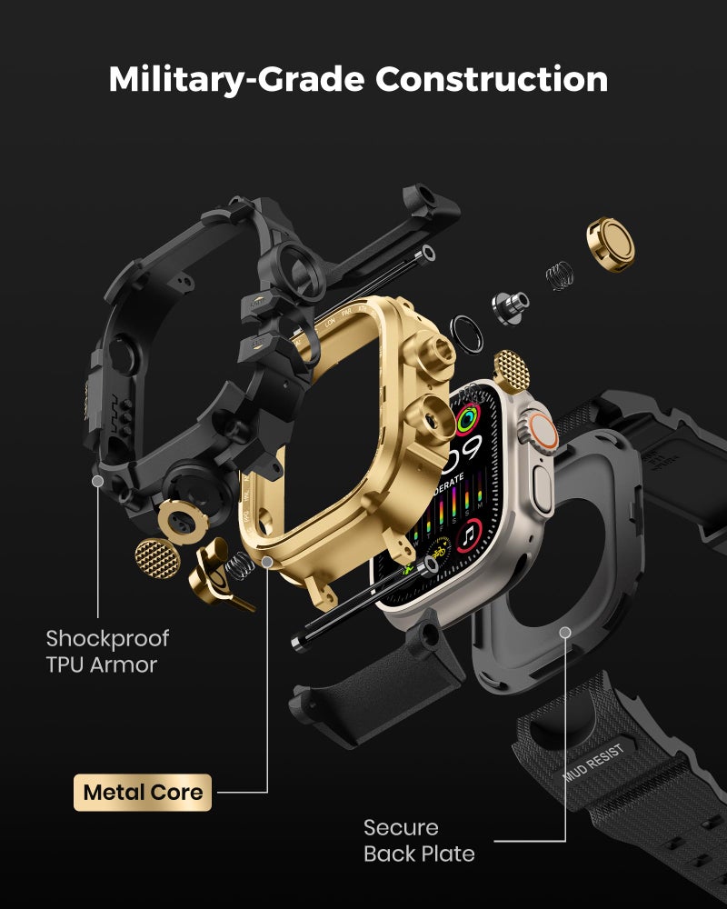 amBand Rugged Case with Band for Apple Watch Ultra 3/2/1 49mm, M3 Military Grade Shockproof Cover, Includes Screen Protector Kit, Tactical Band for Men - Compatible with iWatch Ultra, Black Gold - Image 5