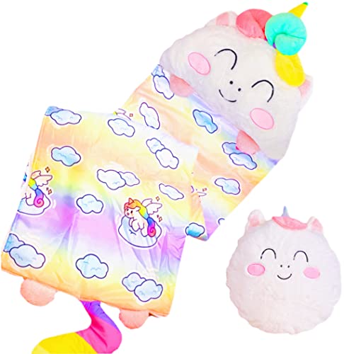 Nalexmi Happy Kids Sleeping Bag Animal Bags Sleepy Sack Comfy Cozy Compact Sleeping Bag with Pillow Soft Pillow Nap Mat Wram Plush with Cotton Slumber Bag Rainbow uni - Image 1
