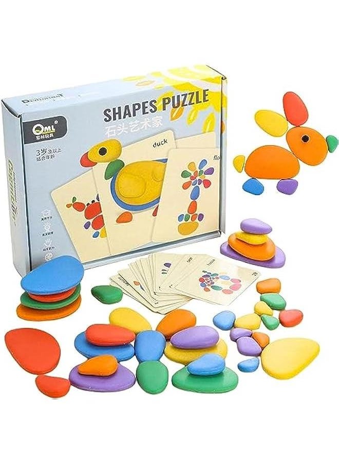 HOOKOR Learning Toy,78 pcs Balance Stones Game Montessori Early Educational Puzzles For Early Math Activity,Rainbow Pebble Set For Kids, Rainbow Cobblestone Jigsaw Puzzle Toy  - Image 1