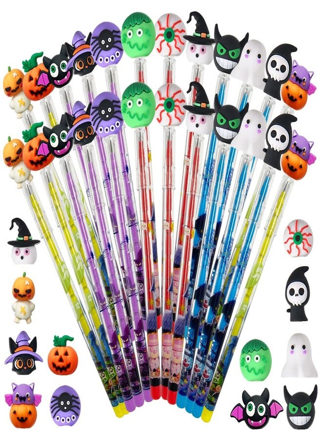 AWEELON 24Pcs Halloween Pencils Bulk with Top Pencils Pumpkin Bat Ghost Monster Non Sharpening Push Stationeries for Halloween - Image 1
