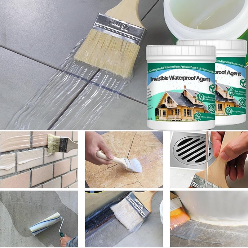 JIAVAXA Invisible Waterproof Agent Indoor&Outdoor Waterproof Coating Set Transparent Liquid Sealant with Brush Resistant Work Gloves Putty Shovel Cut Roller (300 GM)  - Image 3