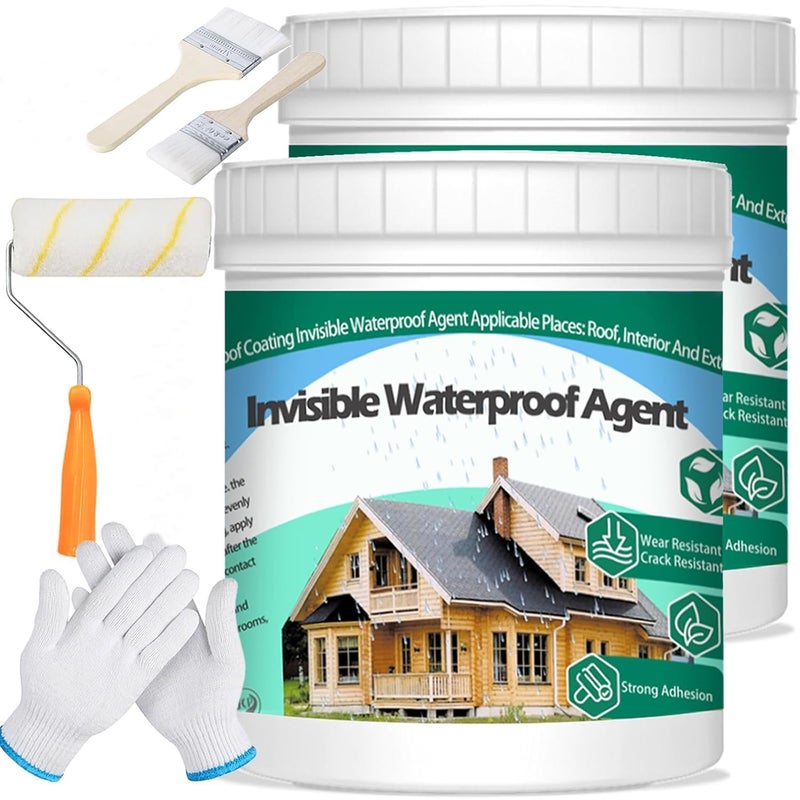 JIAVAXA Invisible Waterproof Agent Indoor&Outdoor Waterproof Coating Set Transparent Liquid Sealant with Brush Resistant Work Gloves Putty Shovel Cut Roller (300 GM)  - Image 1