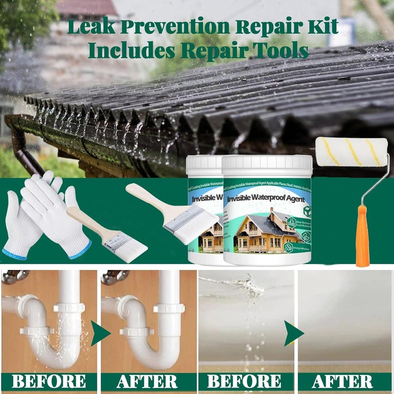 JIAVAXA Invisible Waterproof Agent Indoor&Outdoor Waterproof Coating Set Transparent Liquid Sealant with Brush Resistant Work Gloves Putty Shovel Cut Roller (300 GM)  - Image 2