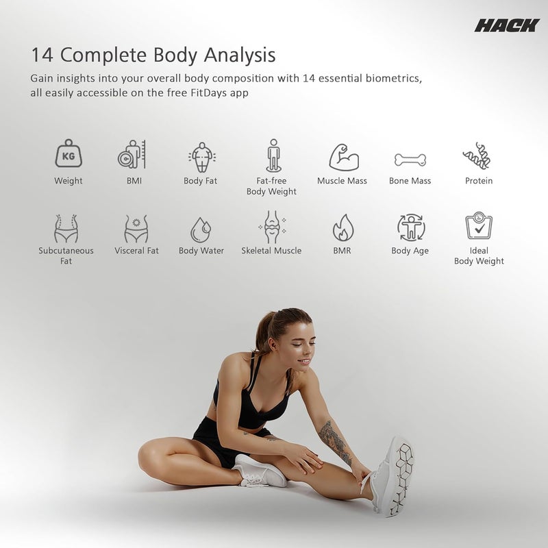Hack Athletics Premium Bluetooth BMI Body weight Scale for Men & Women | 180kg BMI & Body Fat Analyzer | 14 Body Metrics| Large LED display | 24 users | Syncs with iOS & Android | 1YR Warranty (Black) - Image 4