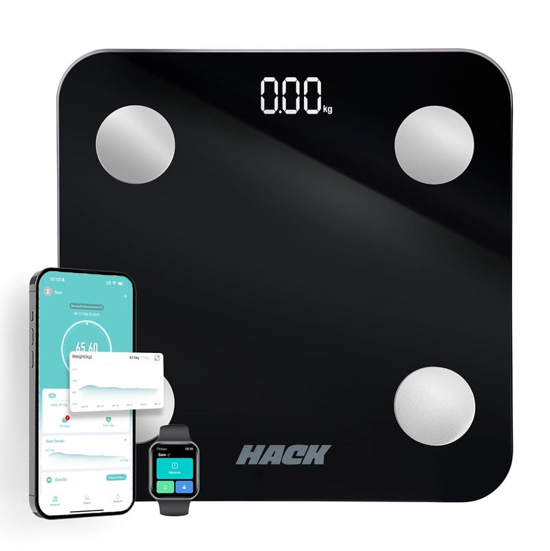 Hack Athletics Premium Bluetooth BMI Body weight Scale for Men & Women | 180kg BMI & Body Fat Analyzer | 14 Body Metrics| Large LED display | 24 users | Syncs with iOS & Android | 1YR Warranty (Black) - Image 1