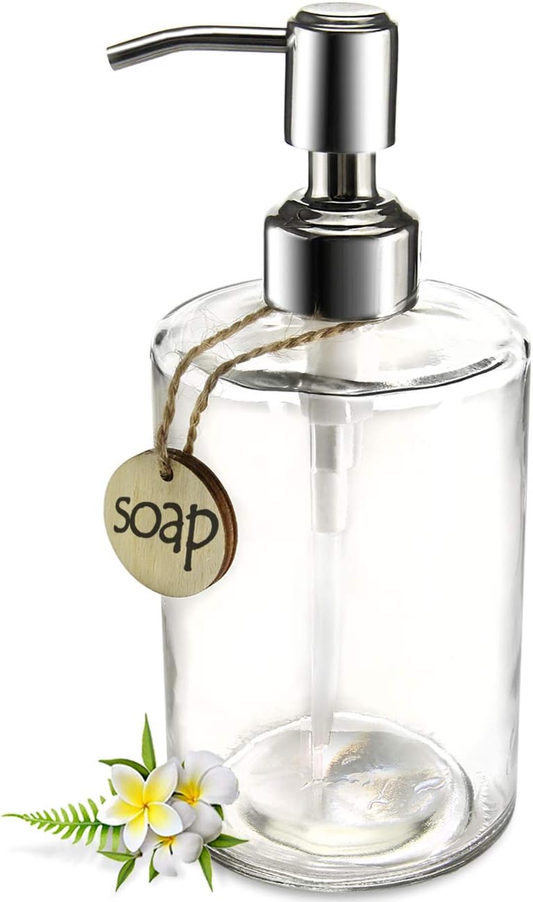 JASAI 16OZ Cylinder Glass Soap Dispenser with Rust Proof Stainless Steel Pump, Refillable Bathroom Soap Dispenser for Hand Soap, Dish Soap, Liquid Soaps and Kitchen (Clear) - Image 1