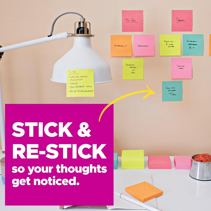 Post It Super Sticky Notes, 3 Sticky Note Pads, 3 x 3 in., School Supplies, Office Products, Sticky Notes for Vertical Surfaces, Monitors, Walls and Windows, Summer Joy Collection - Image 4