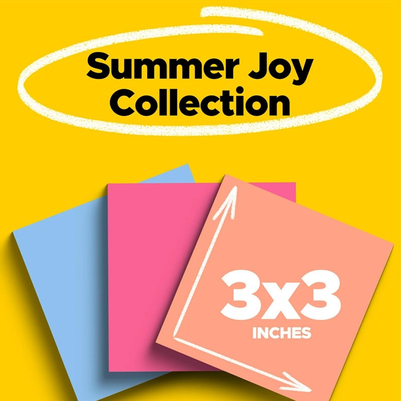 Post It Super Sticky Notes, 3 Sticky Note Pads, 3 x 3 in., School Supplies, Office Products, Sticky Notes for Vertical Surfaces, Monitors, Walls and Windows, Summer Joy Collection - Image 2