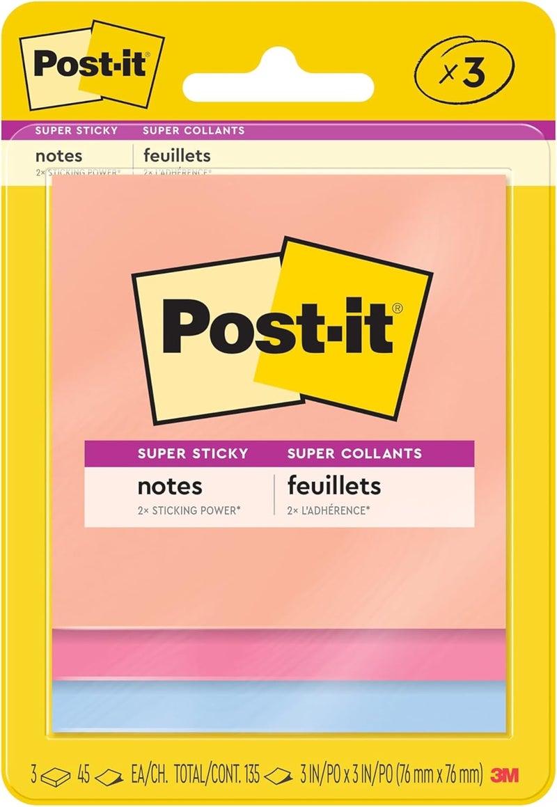 Post It Super Sticky Notes, 3 Sticky Note Pads, 3 x 3 in., School Supplies, Office Products, Sticky Notes for Vertical Surfaces, Monitors, Walls and Windows, Summer Joy Collection - Image 1