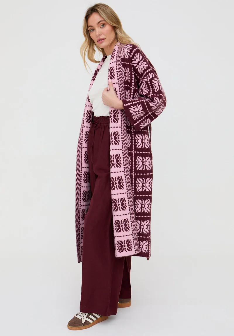رافاي Ally Abstract Print Long Line Cardigan In Pink