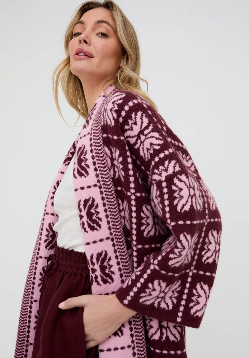 رافاي Ally Abstract Print Long Line Cardigan In Pink