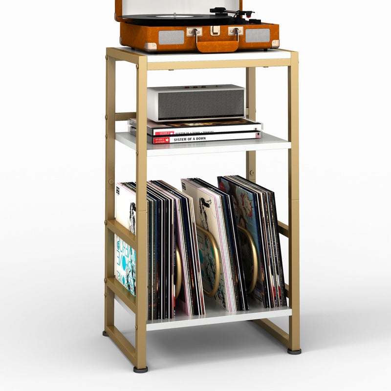 ZEXVIDA 3-Tier Vinyl Record Player Stand - End Table for Album Storage, 28" H with Storage Up to 120 Albums, Side Table for Living Room Bedroom (Gold) - Image 1