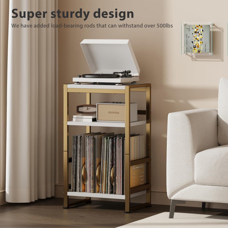 ZEXVIDA 3-Tier Vinyl Record Player Stand - End Table for Album Storage, 28" H with Storage Up to 120 Albums, Side Table for Living Room Bedroom (Gold) - Image 2