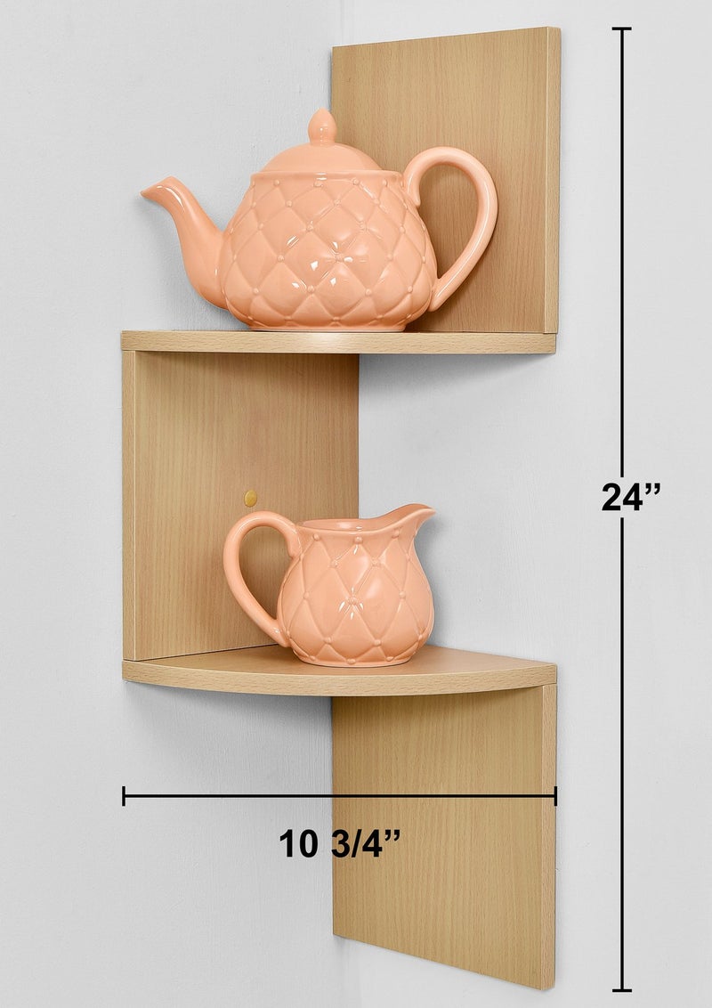 Greenco 2-Tier Corner Shelves, Natural Finish | Floating Wall-Mounted Home Decor Set | Wall Shelf | Living Room, Bedroom, Bathroom, Office, House, Cubicle Accessories/Decorations/Storage/Organizer - Image 3