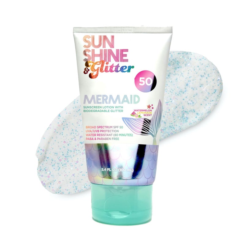 Sunshine & Glitter NEW! SUNSHINE & Glitter- Seastar Sparkle - Mermaid Watermelon Lemonade Scented Sunscreen lotion - SPF 50 - Biodegradable Glitter Sunscreen, Water Resistant, Cruelty Free, Kid Safe, Made in USA, 3.4oz - Image 1