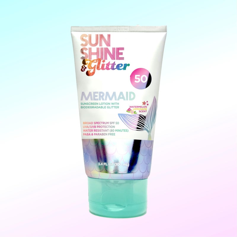 Sunshine & Glitter NEW! SUNSHINE & Glitter- Seastar Sparkle - Mermaid Watermelon Lemonade Scented Sunscreen lotion - SPF 50 - Biodegradable Glitter Sunscreen, Water Resistant, Cruelty Free, Kid Safe, Made in USA, 3.4oz - Image 2