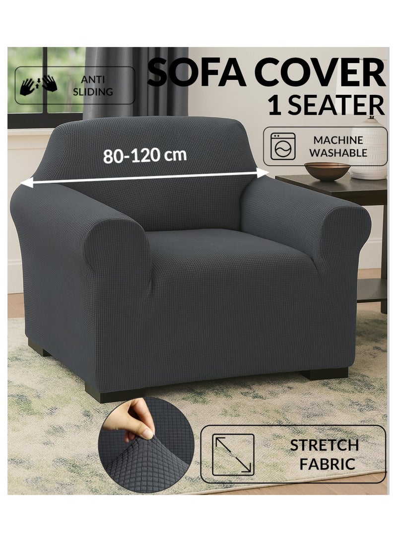Fabienne High Stretch 1 Seater Sofa Cover Soft Brushed Fabric Couch Cover Exquisitely Full Coverage Furniture Protector Slipcover One Seater Fits on Standard and Recliner Sofa 80-120cm Size Grey - Image 1