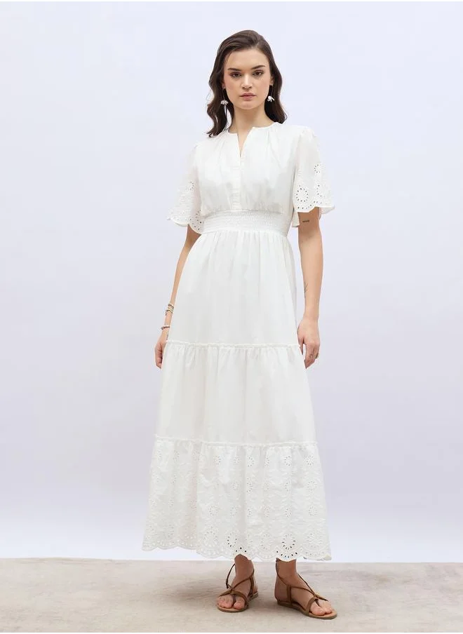 ستايلي Styli Schiffli Trim Smocked Detail Tiered Maxi Dress