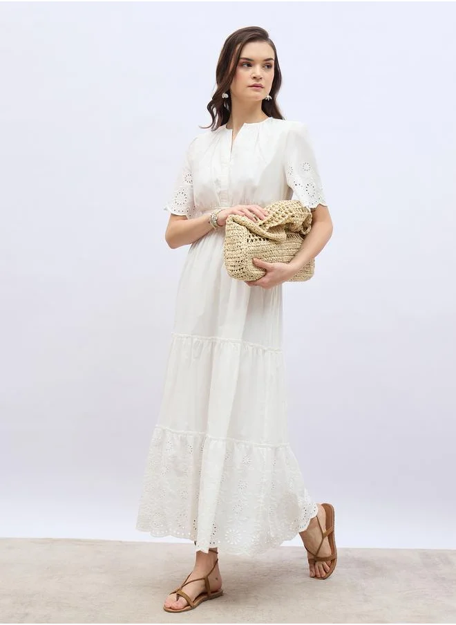ستايلي Styli Schiffli Trim Smocked Detail Tiered Maxi Dress