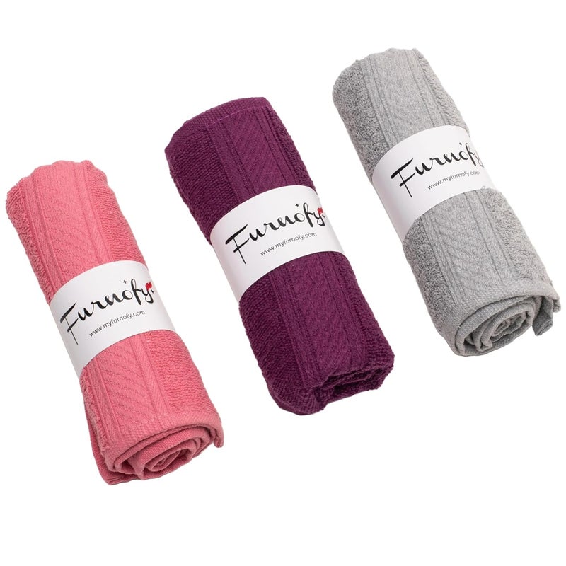 Furnofy 450 GSM Hand Towel Set of 3 Soft Absorbent Quick Dry Towel for Gym Home Kitchen Pool Travel 40x60 cm Pink Magenta Grey - Image 1