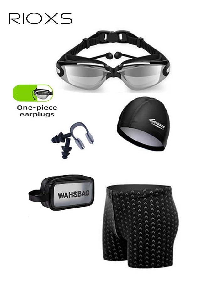 RIOXS Men's Swimwear Set with Quick-drying Swim Trunks, Adjustable Swimming Goggles, Swim Cap, Nose Clip, Ear Plugs and Storage Bag, Complete Durable Swimming Goggles Package, Swimming Essentials  - Image 1