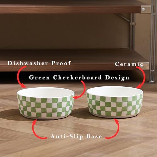 Howise 6.4 inch Ceramic Hand Painted Basic Dog Bowl Set of 2 with Anti-Skid Rubber Base, Food and Water Bowls for Small Pets Green - Image 3
