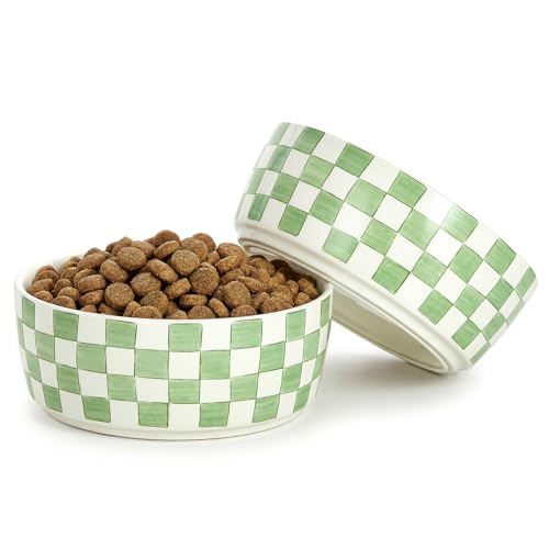Howise 6.4 inch Ceramic Hand Painted Basic Dog Bowl Set of 2 with Anti-Skid Rubber Base, Food and Water Bowls for Small Pets Green - Image 1