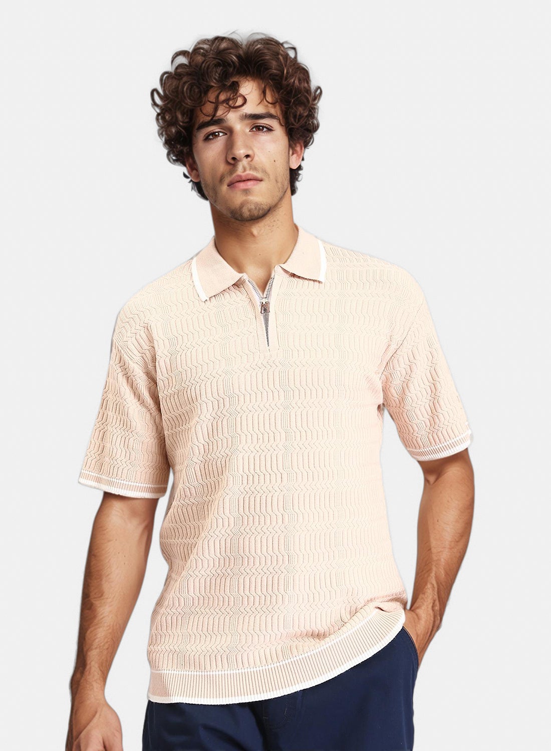 Men Textured Quarter-Zip Knit Polo