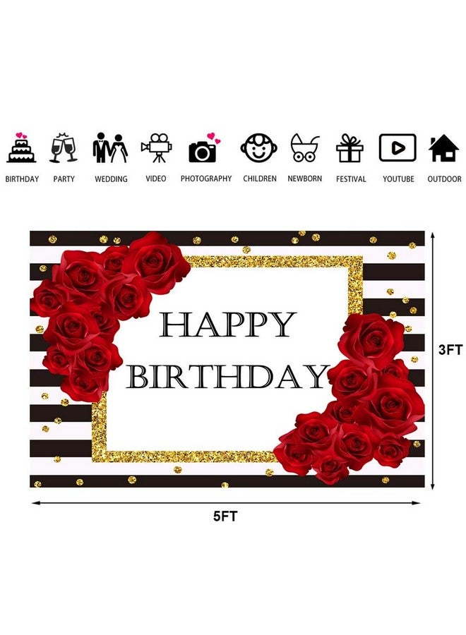 Lofaris Happy Birthday Backdrop Black And White Stripes Red Rose Party Photography Background 5X3Ft Gold Dots Birthday Party Decorations Supplies Banner Photo Booth Props  - Image 5