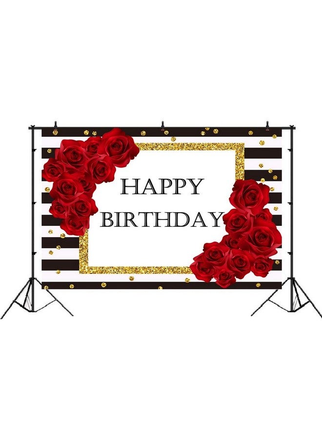 Lofaris Happy Birthday Backdrop Black And White Stripes Red Rose Party Photography Background 5X3Ft Gold Dots Birthday Party Decorations Supplies Banner Photo Booth Props  - Image 3