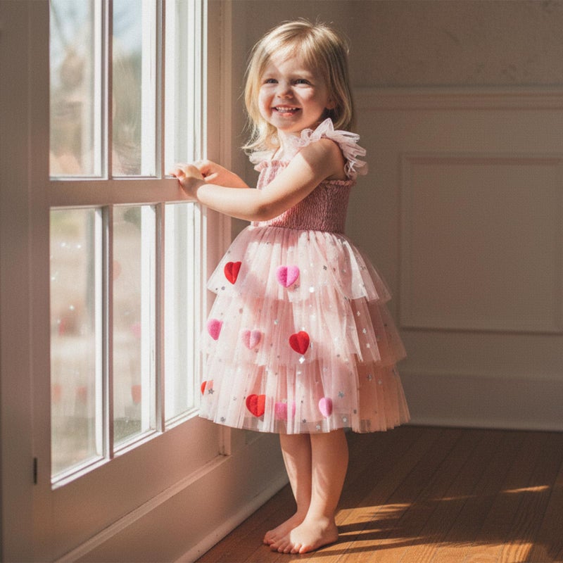 Amnnchya Toddler Valentines Outfit Girl Baby Heart Fly Sleeve Mesh Layered Princess Dress Little Girls Summer Tulle Dresses (Pink, 3-4 Years) - Image 3