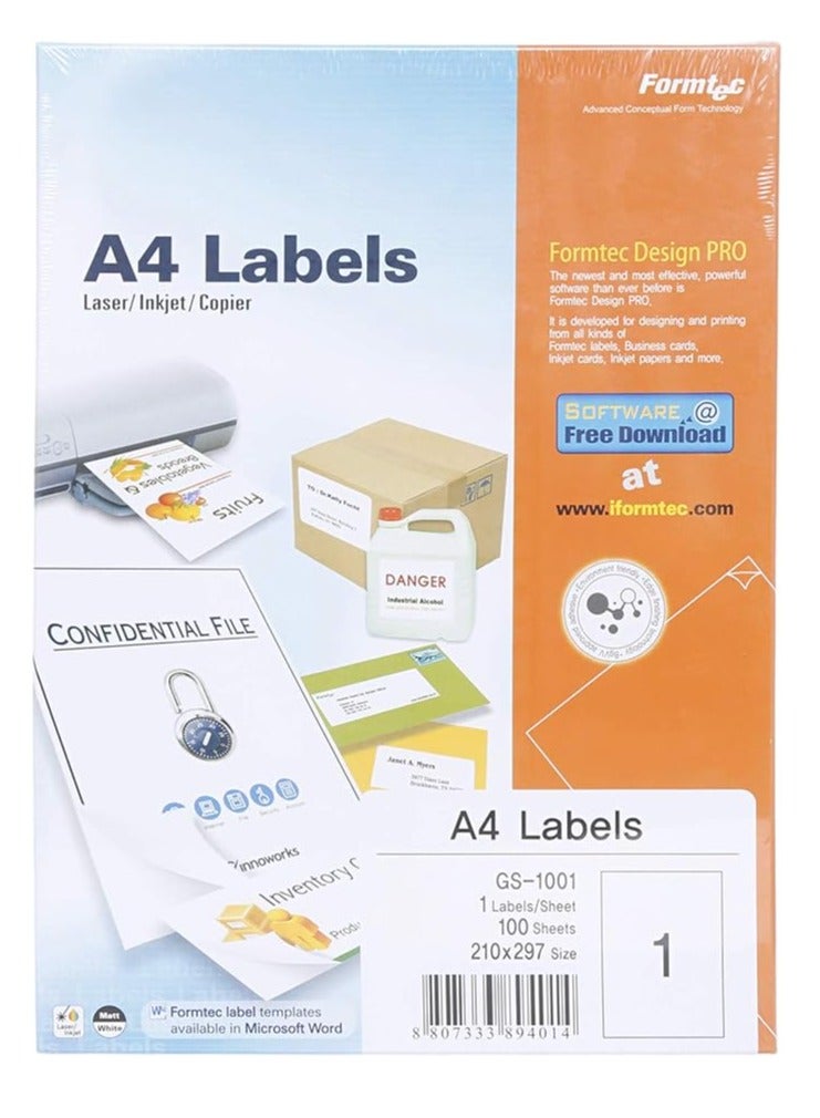 Formtec A4 Labels, 1 Label Per Sheet (Box of 100 Sheets)