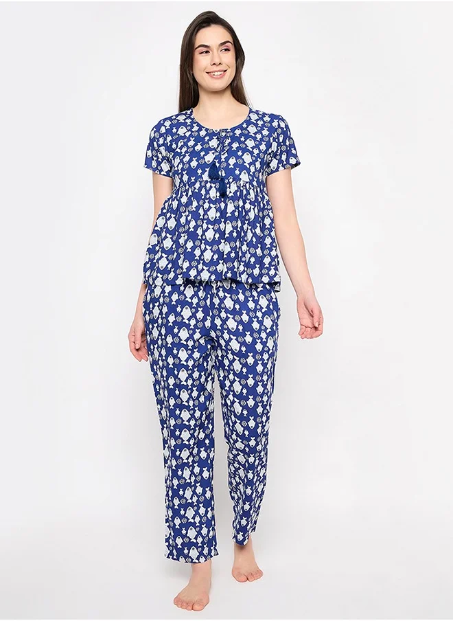 Clovia Clovia Fish Print Peplum Top & Pyjama Set in Midnight Blue - Rayon