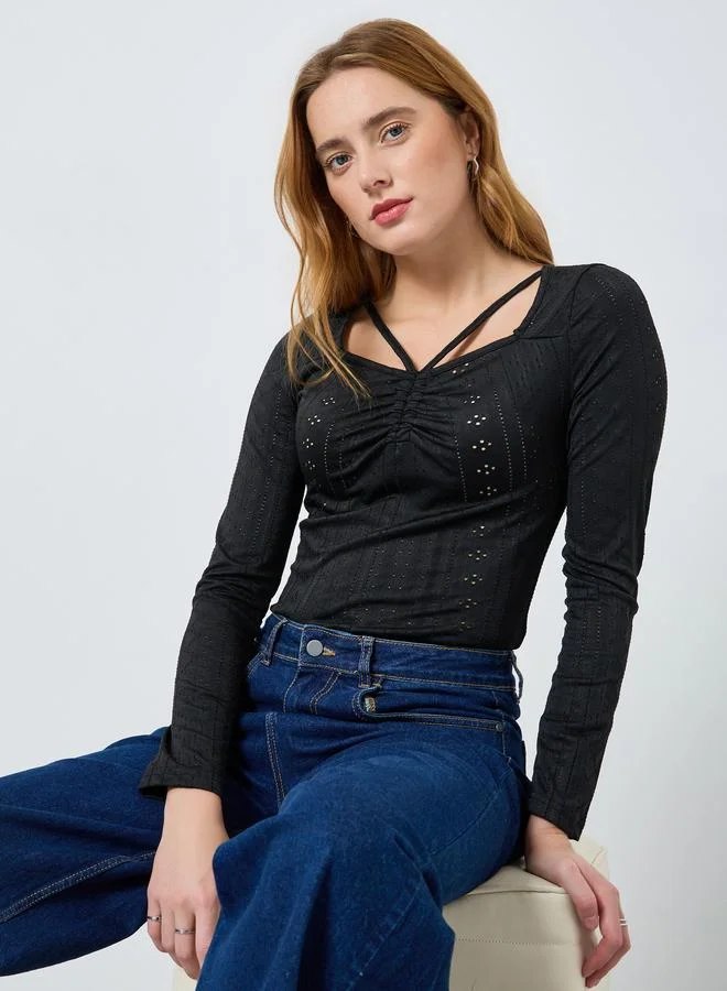 Take Two Women Solid Square Neck Hollow Lace Top