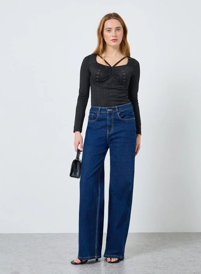 Take Two Women Solid Square Neck Hollow Lace Top