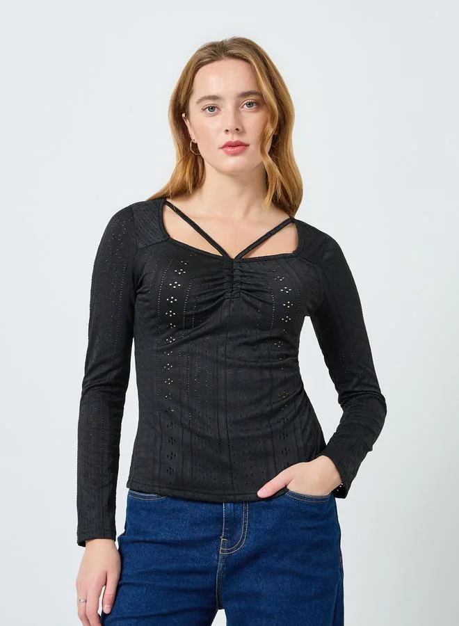 Take Two Women Solid Square Neck Hollow Lace Top