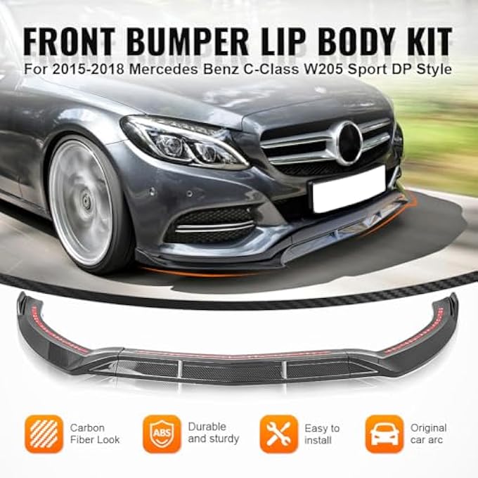 GZYF ABS Auto Front Bumper Lip Cover Trim Compatible with 2015-2018 Mercedes Benz C-Class W205 Sport DP Style, Carbon Fiber Look - Image 4