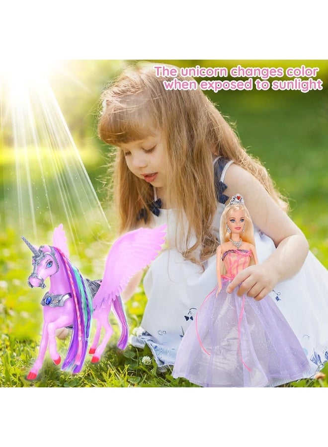 BETTINA Color Changing Unicorn & Princess Doll, Color Change on Whole Unicorn Under Sunshine, 11.5'' Princess Doll Toy, Unicorn Toys Gifts with Removable Saddle&Wings - Image 1