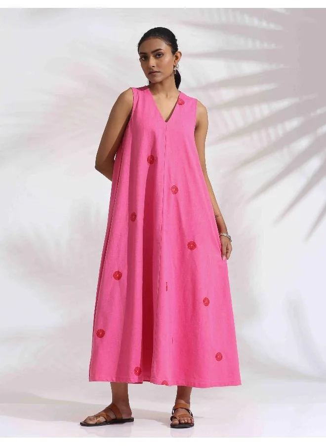 ترو برونز trueBrowns Pink Cotton Embroidered Flared Dress