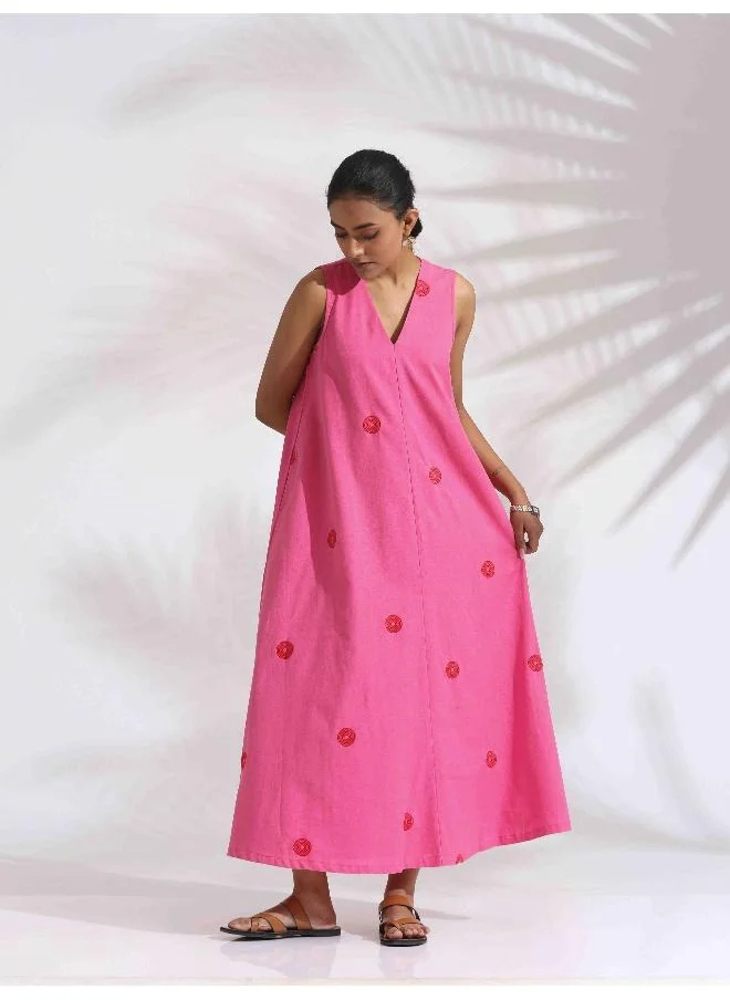 ترو برونز trueBrowns Pink Cotton Embroidered Flared Dress