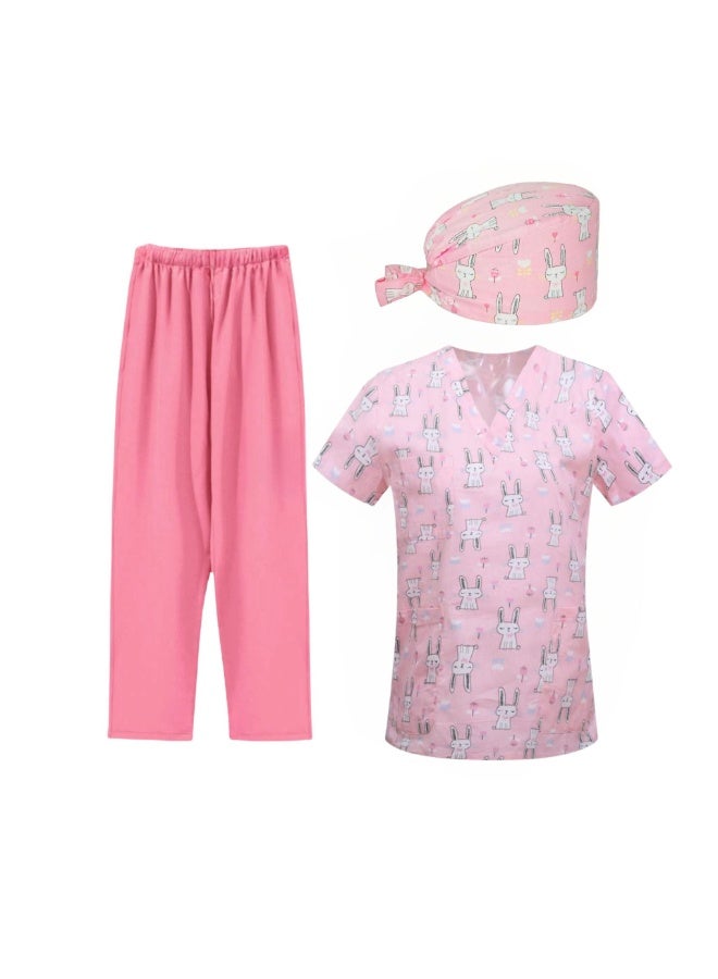 Loquat Womens Medical Scrubs Set Medical Uniform Set Pink Rabbit - Image 1