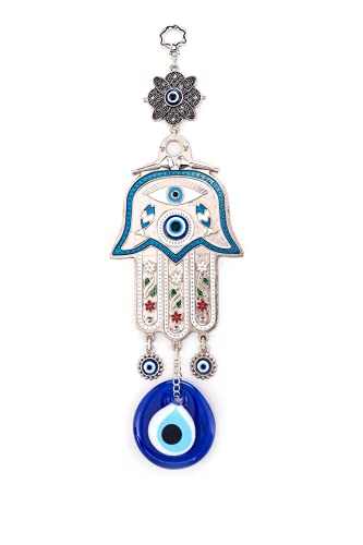 Erbulus Turkish Blue Hamsa Hand of Mother Fatima Evil Eye Wall Hanging Ornament - Turkish Nazar Bead Amulet – Good Luck Charm Gift -Metal Home Protection Decor in a Box (Blue) - Image 1