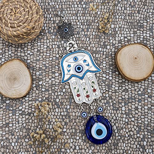Erbulus Turkish Blue Hamsa Hand of Mother Fatima Evil Eye Wall Hanging Ornament - Turkish Nazar Bead Amulet – Good Luck Charm Gift -Metal Home Protection Decor in a Box (Blue) - Image 4