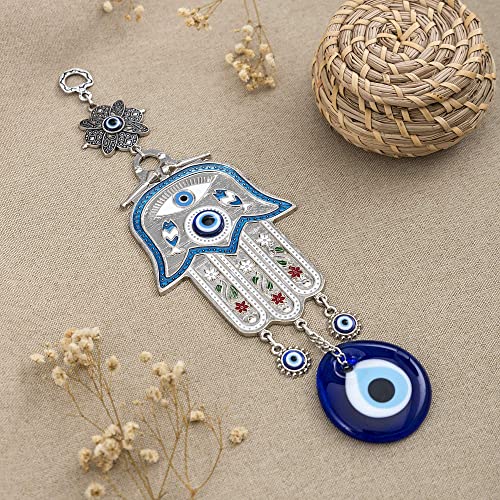 Erbulus Turkish Blue Hamsa Hand of Mother Fatima Evil Eye Wall Hanging Ornament - Turkish Nazar Bead Amulet – Good Luck Charm Gift -Metal Home Protection Decor in a Box (Blue) - Image 3