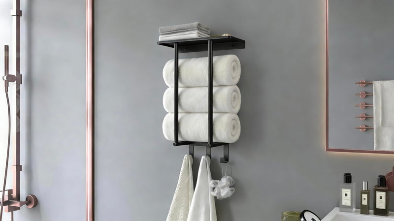 Bethom Towel Racks for Bathroom, Bathroom Towel Rack Wall Mounted with Metal Shelf and 3 Hooks for Small Bathroom, Black - Image 2