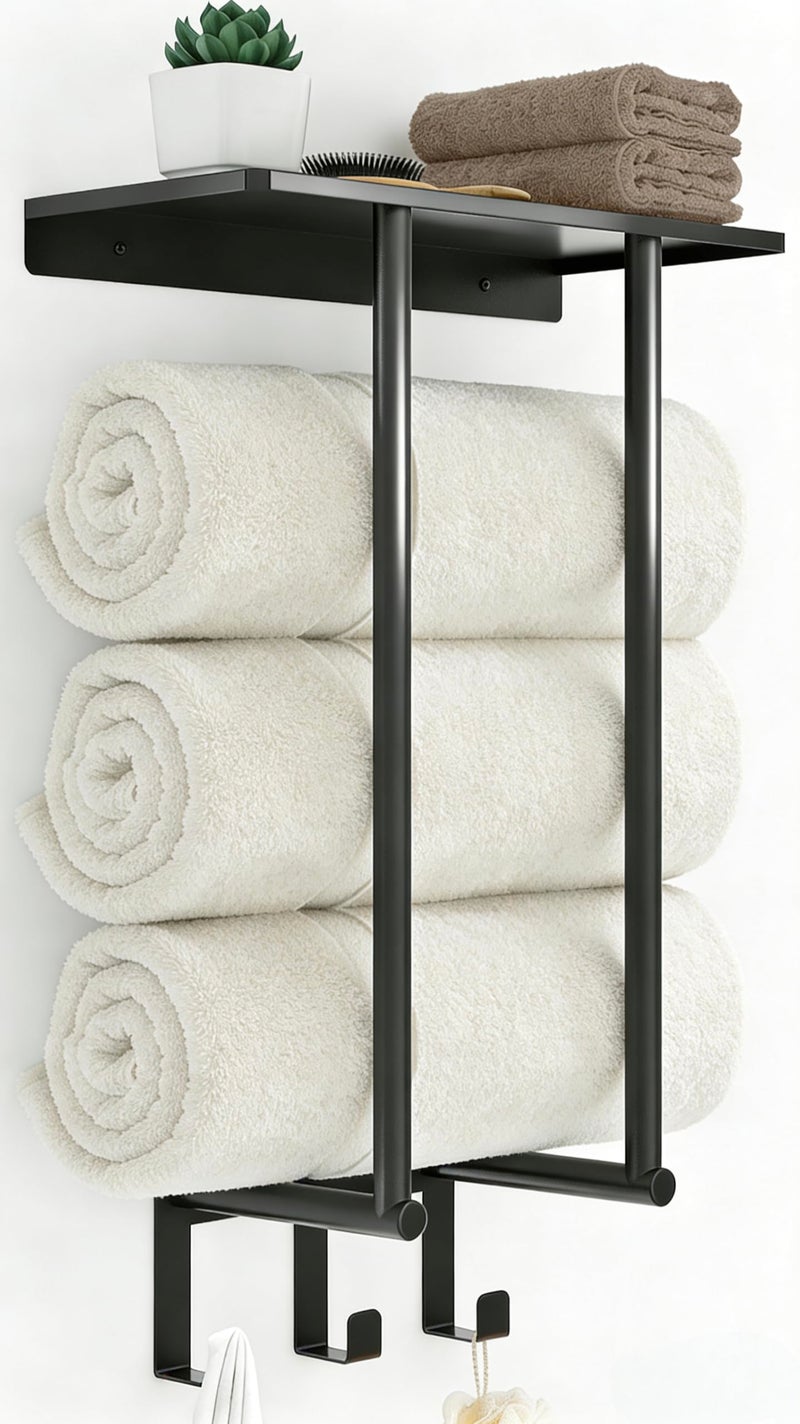Bethom Towel Racks for Bathroom, Bathroom Towel Rack Wall Mounted with Metal Shelf and 3 Hooks for Small Bathroom, Black - Image 1