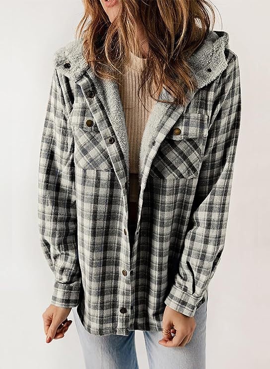 Womens Plaid Wool Hooded Jacket Long Sleeve Winter Coat Grey 